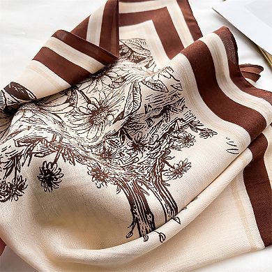 Women's Floral Print Square Scarf with Striped Border 26.7×26.7 inches