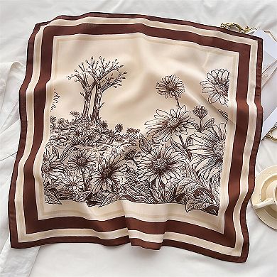 Women's Floral Print Square Scarf with Striped Border 26.7×26.7 inches
