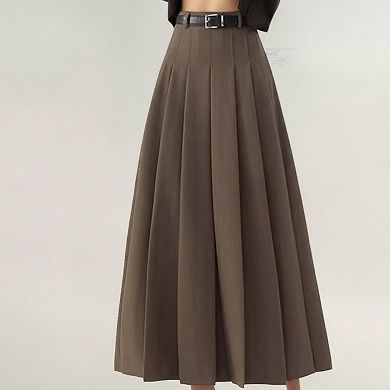 Women's High Waist Pleated Maxi Skirt with Structured A-Line Silhouette
