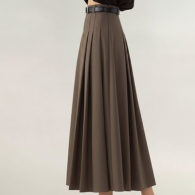 Women's High Waist Pleated Maxi Skirt with Structured A-Line