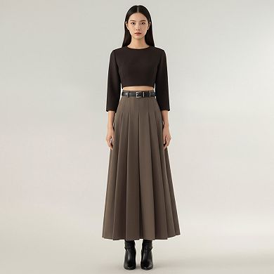 Women's High Waist Pleated Maxi Skirt with Structured A-Line Silhouette