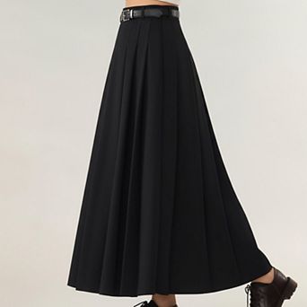 Women's High Waist Pleated Maxi Skirt with Structured A-Line Silhouette