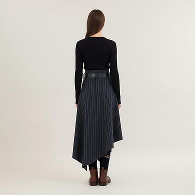 Women's Asymmetrical Pinstripe Midi Skirt with High Waist and Tailored Draping
