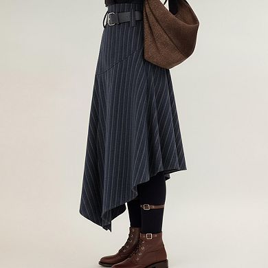 Women's Asymmetrical Pinstripe Midi Skirt with High Waist and Tailored Draping