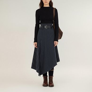 Women's Asymmetrical Pinstripe Midi Skirt with High Waist and Tailored Draping