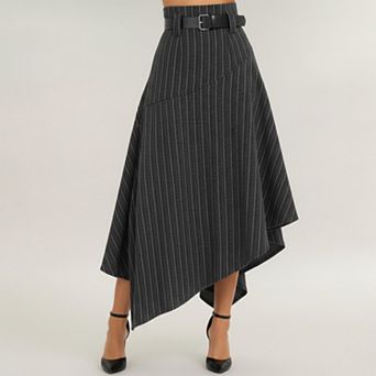 Women's Asymmetrical Pinstripe Midi Skirt with High Waist and Tailored Draping