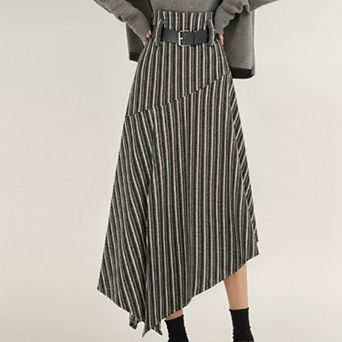 Women's Asymmetrical Pinstripe Midi Skirt with High Waist and Tailored Draping