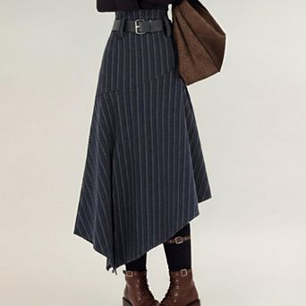 Women's Asymmetrical Pinstripe Midi Skirt with High Waist and Tailored Draping