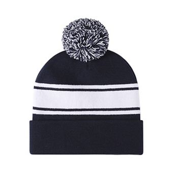Winter Knit Beanie with Pom and Stripe Design Warm Stretchy Hat for Cold Weather