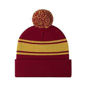 Winter Knit Beanie with Pom and Stripe Design Warm Stretchy Hat for Cold Weather