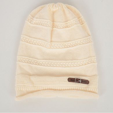 Women's Knit Beanie Hat with Faux Leather Buckle Detail and Folded Edge