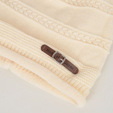 Women's Knit Beanie Hat with Faux Leather Buckle Detail and Folded Edge