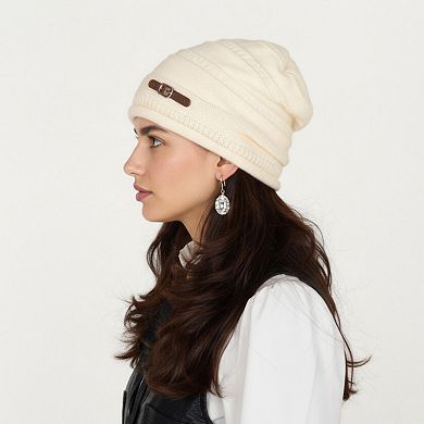 Women's Knit Beanie Hat with Faux Leather Buckle Detail and Folded Edge