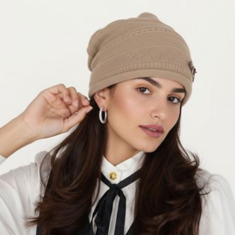 Women's Knit Beanie Hat with Faux Leather Buckle Detail and Folded Edge