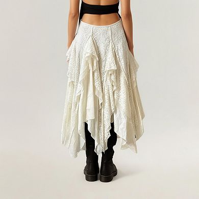 Women's Asymmetrical Layered Lace Maxi Skirt with Flowing Ruffle Drapes