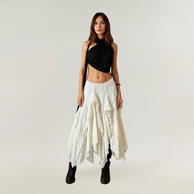 Women's Asymmetrical Layered Lace Maxi Skirt with Flowing Ruffle Drapes