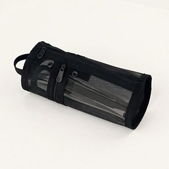 Cylindrical Mesh Case with Dual Zipper Compartments and Carry Handle 7.8x3.5 in