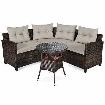 Patio Furniture Set with Rattan Seating, Steel Frames, Cushions and Glass Coffee Table