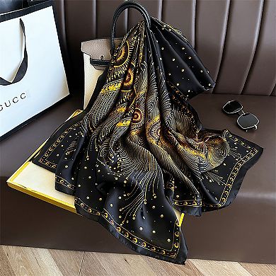 Women's Long Satin Scarf with Gold Peacock Feather Print 70.8×31.5 Inches