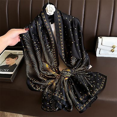 Women's Long Satin Scarf with Gold Peacock Feather Print 70.8×31.5 Inches
