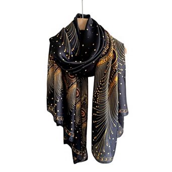 Women's Long Satin Scarf with Gold Peacock Feather Print 70.8×31.5 Inches