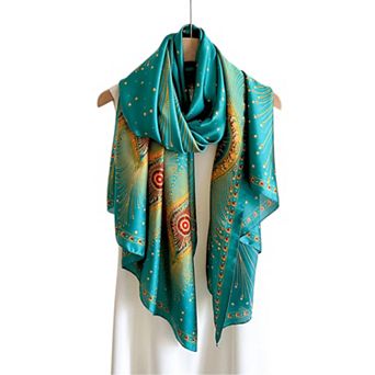Women's Long Satin Scarf with Gold Peacock Feather Print 70.8×31.5 Inches