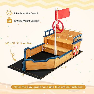 Kids Wooden Sandbox Pirate Ship Outdoor Playset With Storage Benches