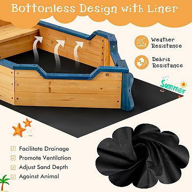 Kids Wooden Sandbox Pirate Ship Outdoor Playset With Storage Benches