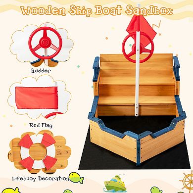 Kids Wooden Sandbox Pirate Ship Outdoor Playset With Storage Benches