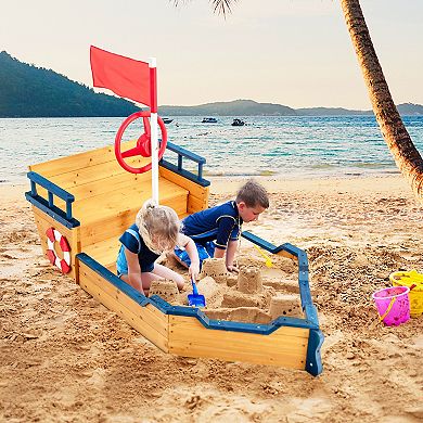 Kids Wooden Sandbox Pirate Ship Outdoor Playset With Storage Benches