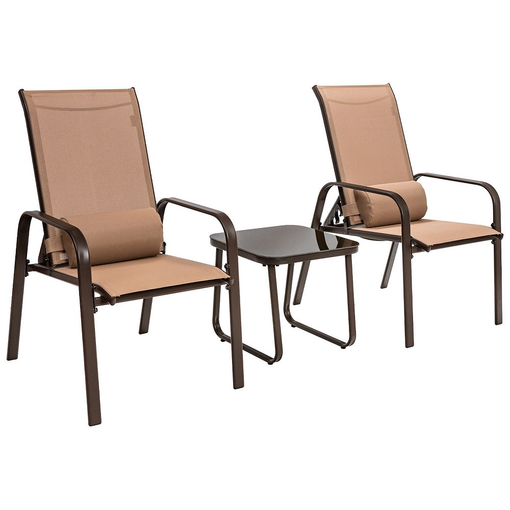 3 Piece Stackable Patio Bistro Set with Adjustable Backrest and Glass Table