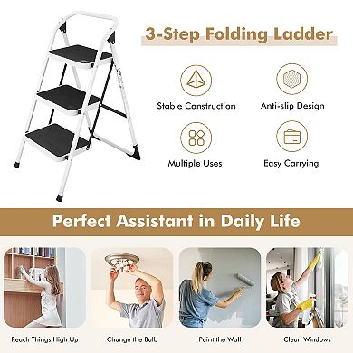 Folding 3-Step Ladder with Handgrip and Anti-Slip Platform