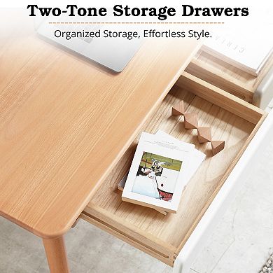GOMYHOME Modern Writing Desk w/ 2-Tone Drawers, Natural Wood Computer Desk for Home Office