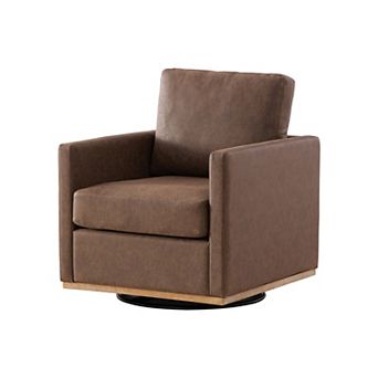GOMYHOME Modern Brown Faux Leather Swivel Accent Chair with Wood Base, 360° Rotating Armchair