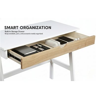 GOMYHOME Modern Writing Desk with Storage Drawer, Compact Scandinavian Style Computer Study Table
