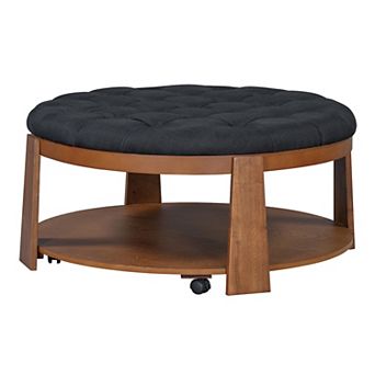 GOMYHOME Round Tufted Ottoman Coffee Table with Storage Shelf & Wheels, Living Room Furniture, Black