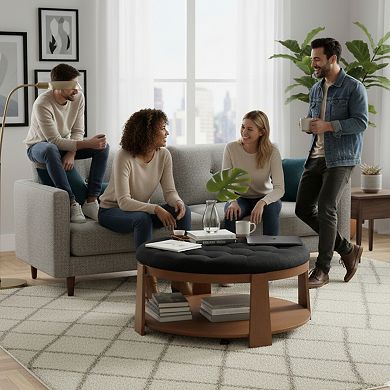 GOMYHOME Round Tufted Ottoman Coffee Table with Storage Shelf & Wheels, Living Room Furniture, Black