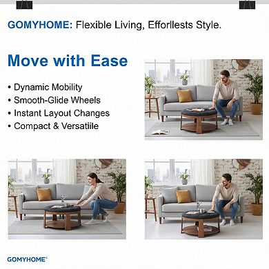 GOMYHOME Round Tufted Ottoman Coffee Table with Storage Shelf & Wheels, Living Room Furniture, Black