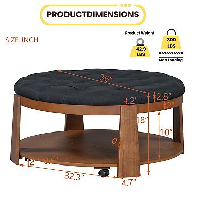 GOMYHOME Round Tufted Ottoman Coffee Table with Storage Shelf & Wheels, Living Room Furniture, Black