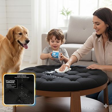 GOMYHOME Round Tufted Ottoman Coffee Table with Storage Shelf & Wheels, Living Room Furniture, Black