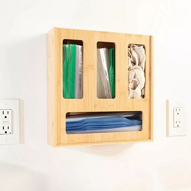 Bamboo Food Bag Storage Organizer for Kitchen Drawer, Durable, Nonslip Plastic Bag Dispenser