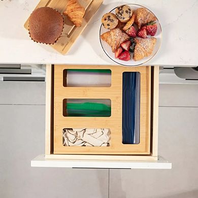 Bamboo Food Bag Storage Organizer for Kitchen Drawer, Durable, Nonslip Plastic Bag Dispenser