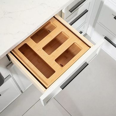 Bamboo Food Bag Storage Organizer for Kitchen Drawer, Durable, Nonslip Plastic Bag Dispenser