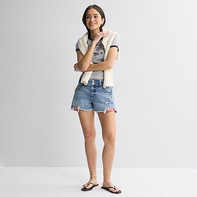 Juniors' Project Indigo Mid Rise Bandana Pockets Denim Shorts