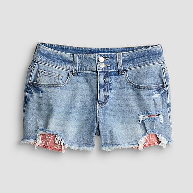Juniors' Project Indigo Mid Rise Bandana Pockets Denim Shorts
