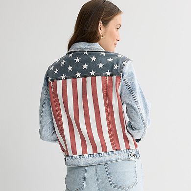 Juniors' Project Indigo Denim Jacket with American Flag Design