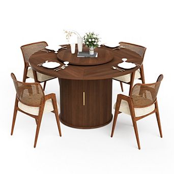 55inch Round Dining Table Featuring A Rotating Tabletop Tray