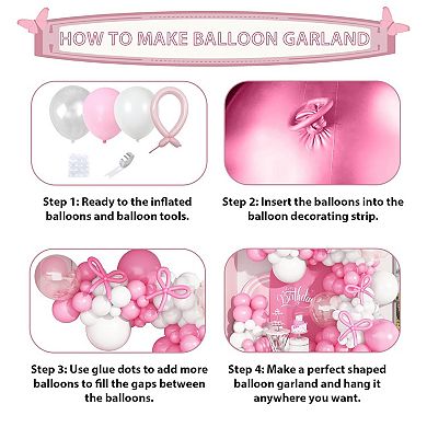 Pastel Pink & White Balloon Arch Kit with Bow Balloons 118pcs for Birthday or Shower Decoration.