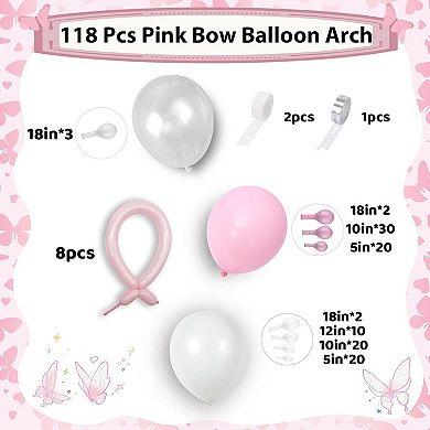 Pastel Pink & White Balloon Arch Kit with Bow Balloons 118pcs for Birthday or Shower Decoration.