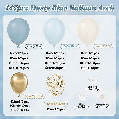 Dusty Blue Balloon Arch Kit, Boho Gold & Confetti Décor 147pcs for Party & Shower